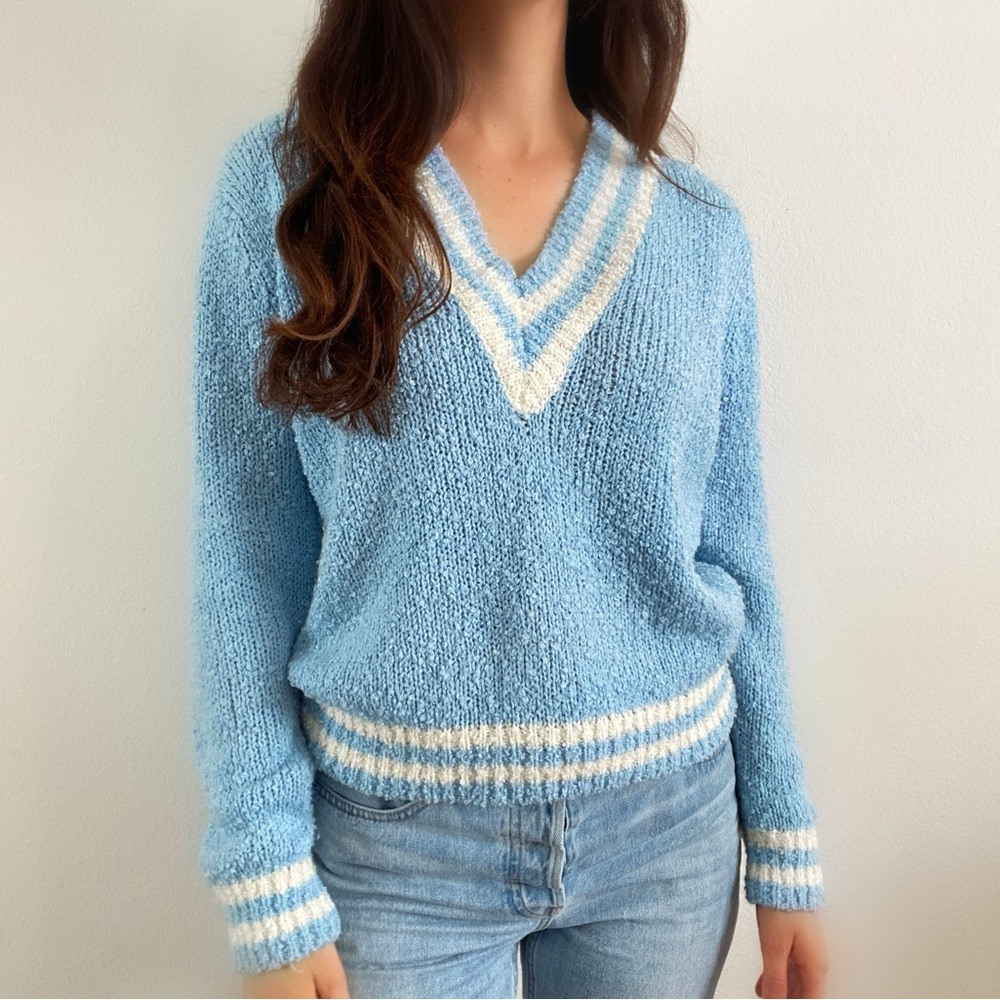 Vintage 80s blue sporty knit sweater vneck long sleeve retro womens large pastel